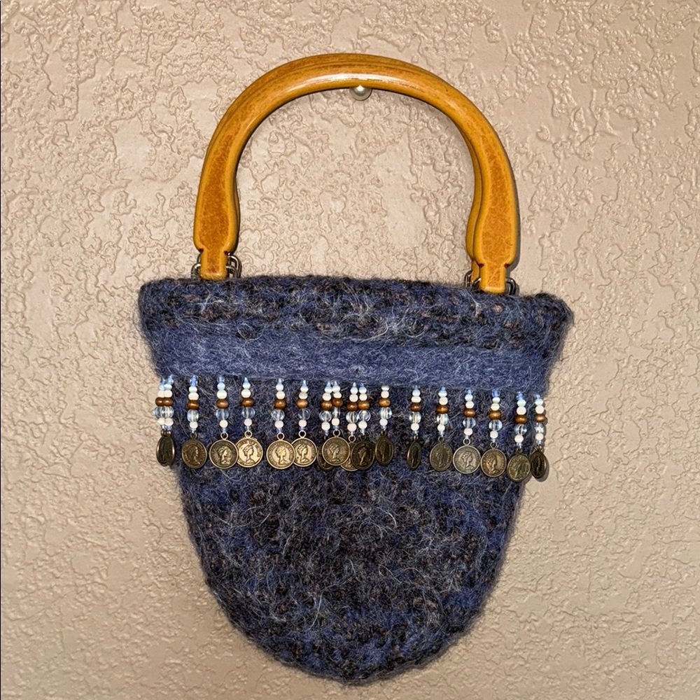 Handcrafted Blue and Brown Wool Bag with Wooden Handle
